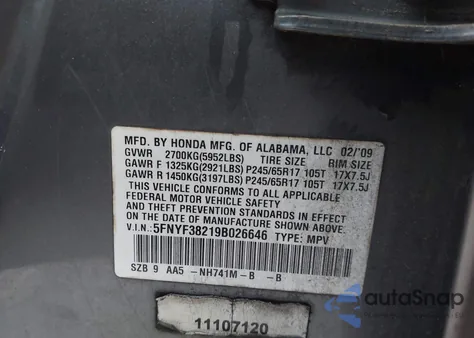 2009 Honda Pilot Lx z USA, uszkodzony, nr VIN 5FNYF38219B026646